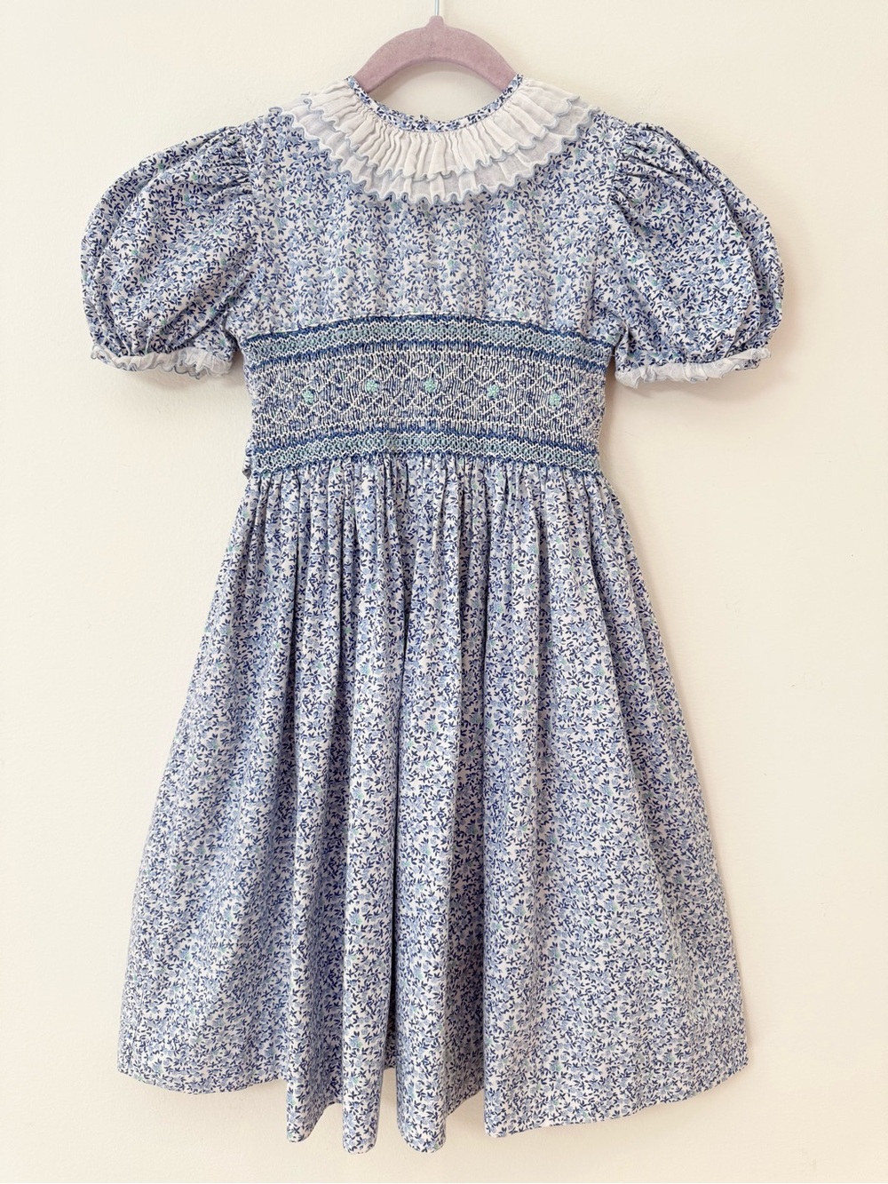 Vintage Sophie Dess Paris Smocked Dress French Heirloom Blue Floral Size 6X